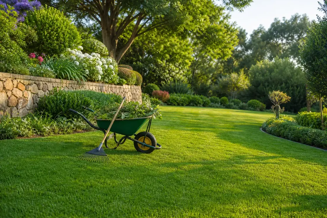 Freshly mowed lawn in an East London garden with a wheelbarrow of trimmings